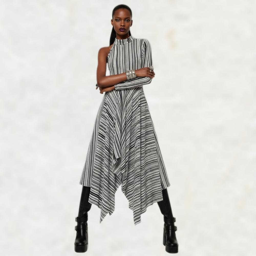 Asymmetric One Sleeve Plisse Midi Dress High Neck Keyhole Rectangular Hem Size 4